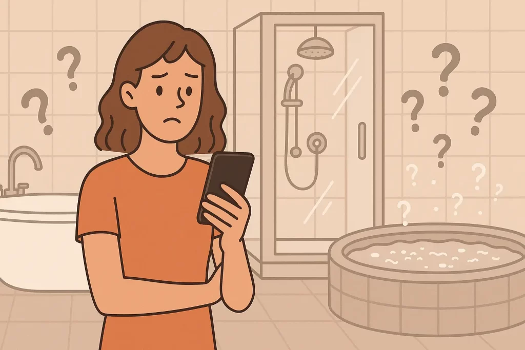 Illustration showing a guest confused about whether a hotel room includes a hot tub or spa bath